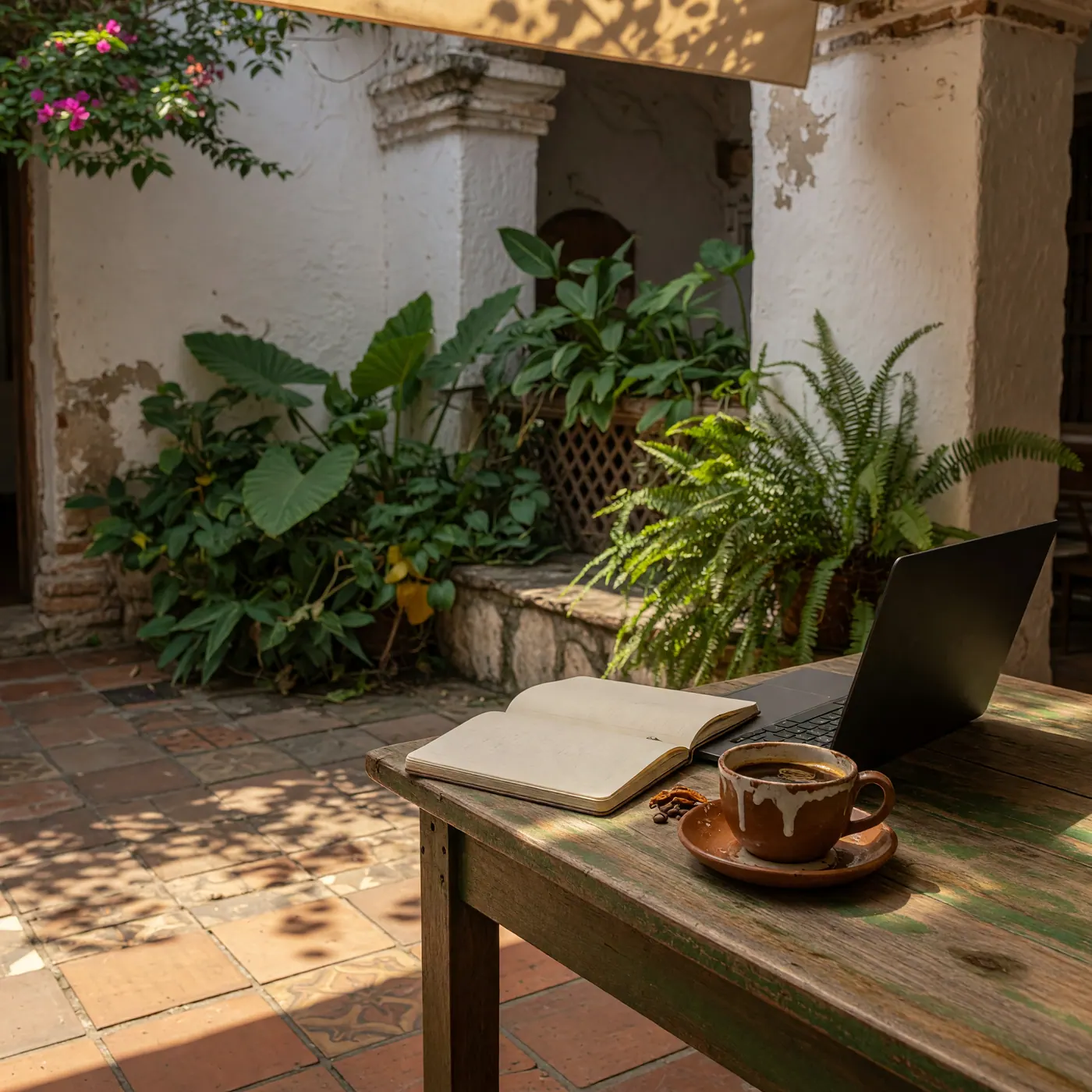 Laptop, notebook, and ceramic coffee cup on a shaded colonial courtyard table surrounded by tropical plants