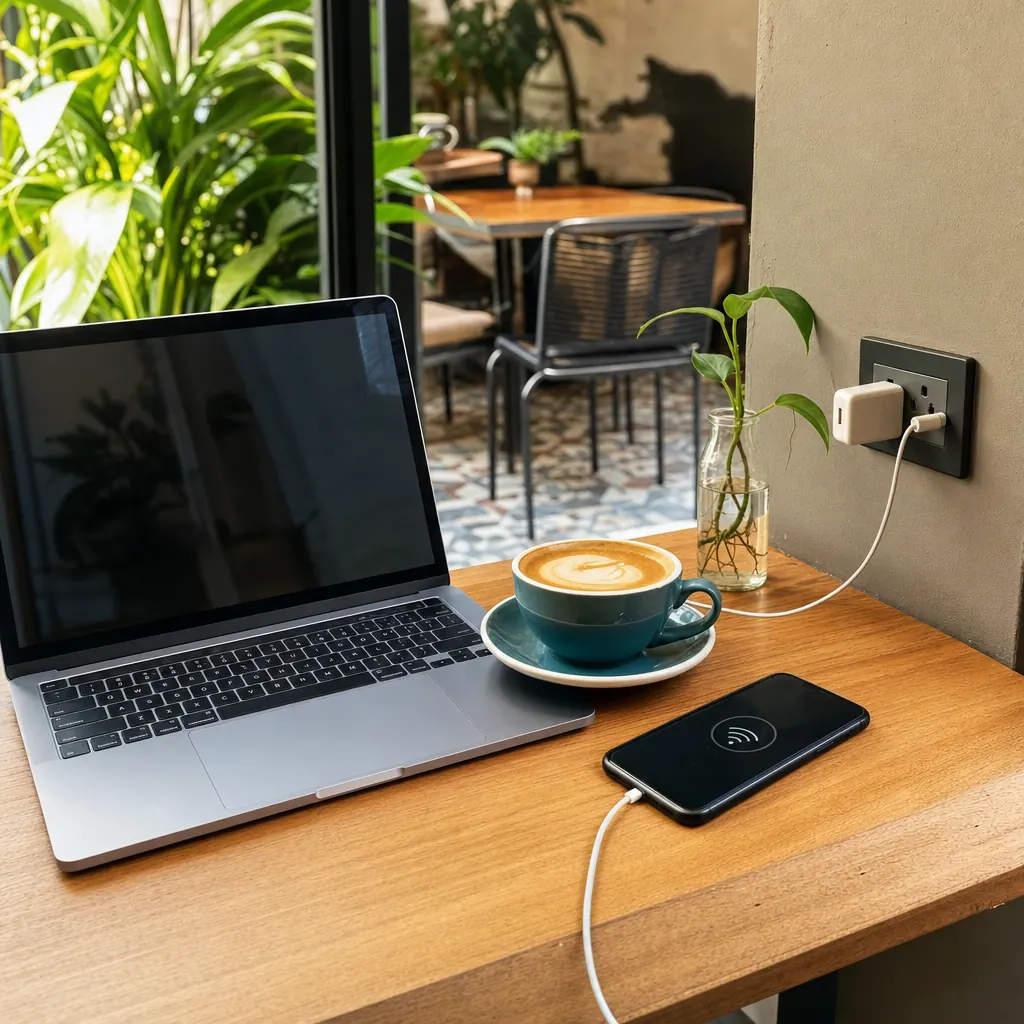 Laptop, coffee, phone hotspot and wall outlet on a cafe table for remote work in Colombia.