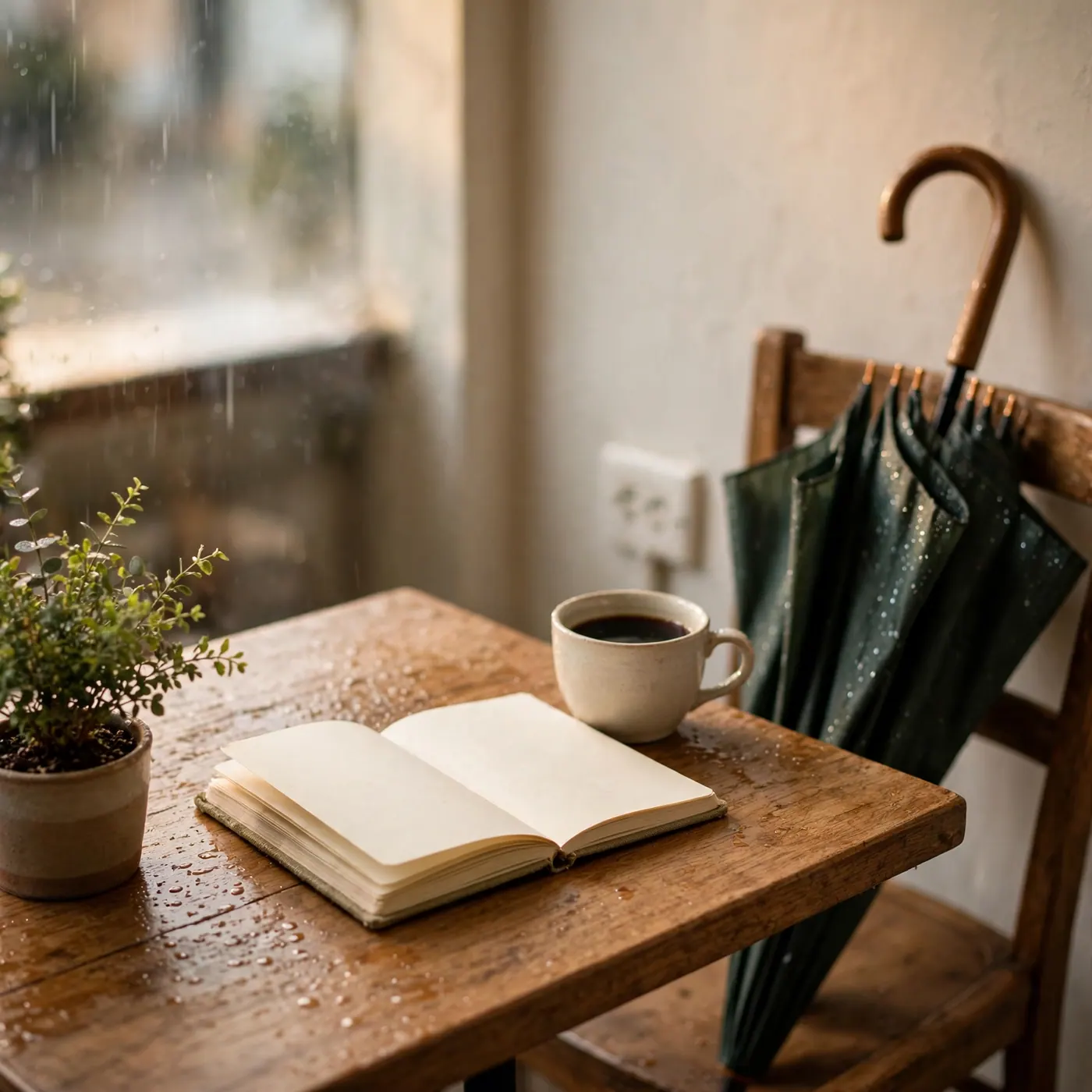 Cafe table with an open notebook, a cup of black coffee, a wall outlet nearby and a damp umbrella leaning on a chair