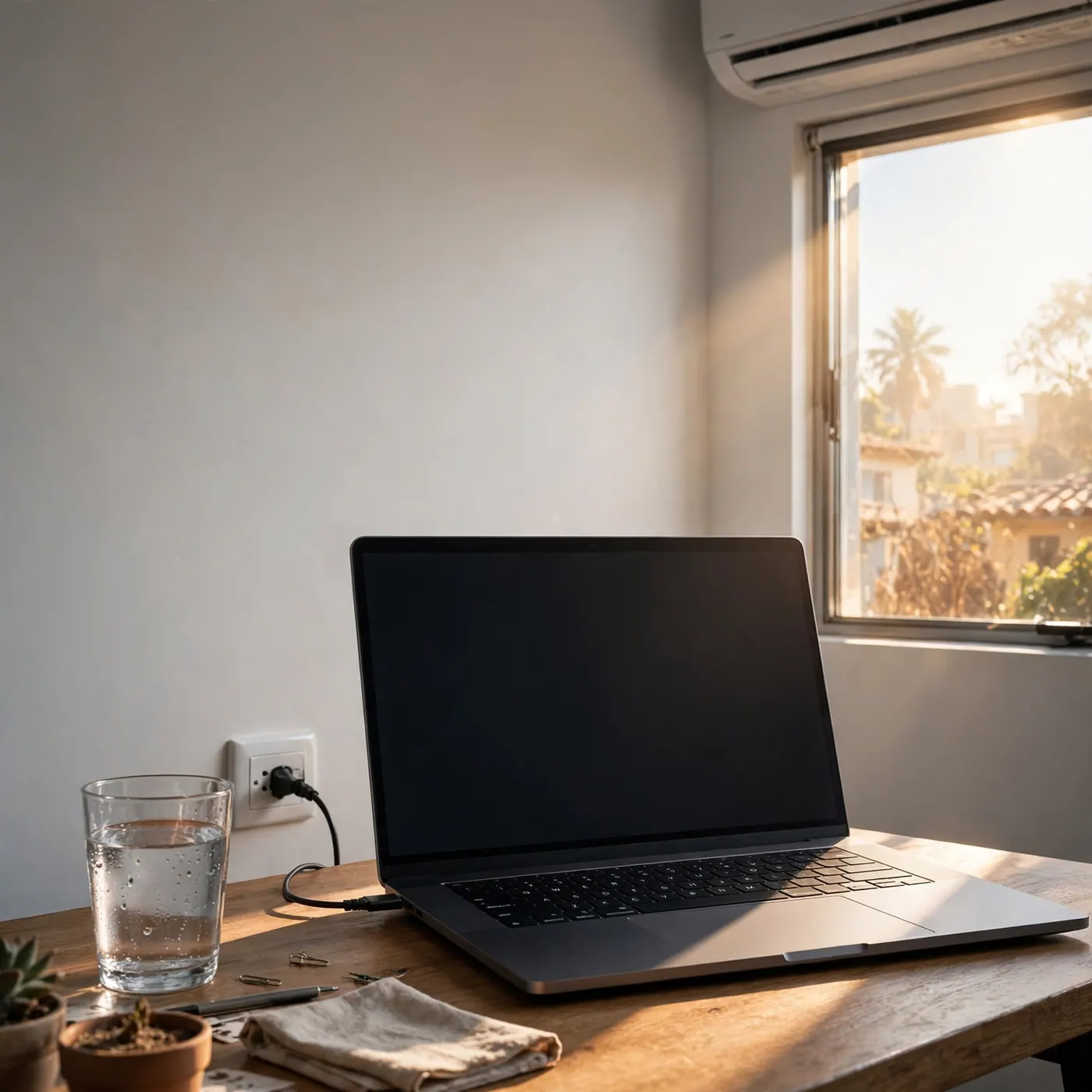 Laptop open on an indoor desk beside a power outlet and a glass of water, with a sliver of harsh sunlight at the window