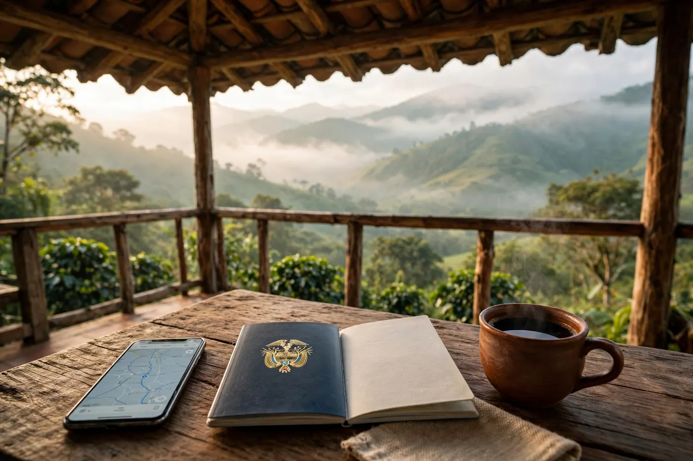 A smartphone displaying a navigation route next to a passport on a wooden table overlooking green Colombian mountains