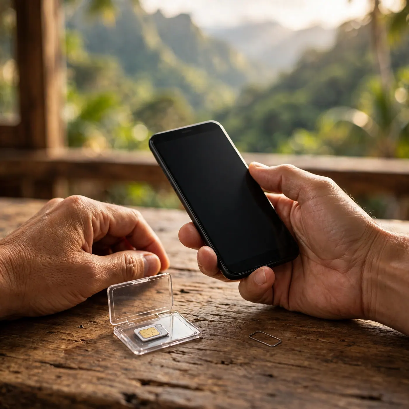Hands holding a smartphone next to a prepaid SIM card and SIM tray on a wooden desk