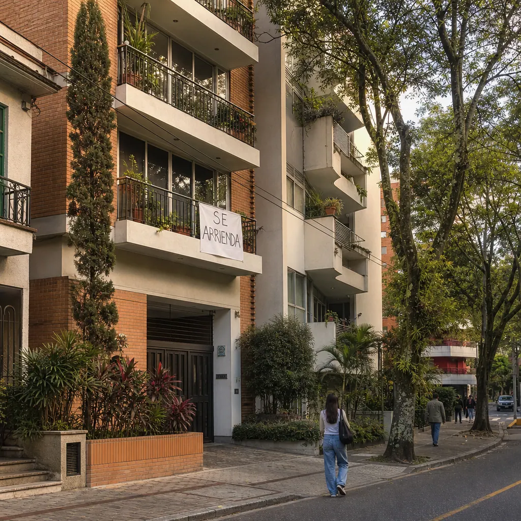 Residential building in Laureles, Medellín with Se Arrienda sign — typical direct owner rental market