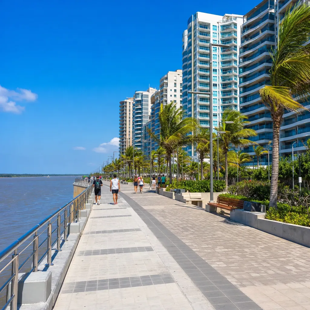 Barranquilla riverfront promenade along the Magdalena River with modern apartment towers and palm trees