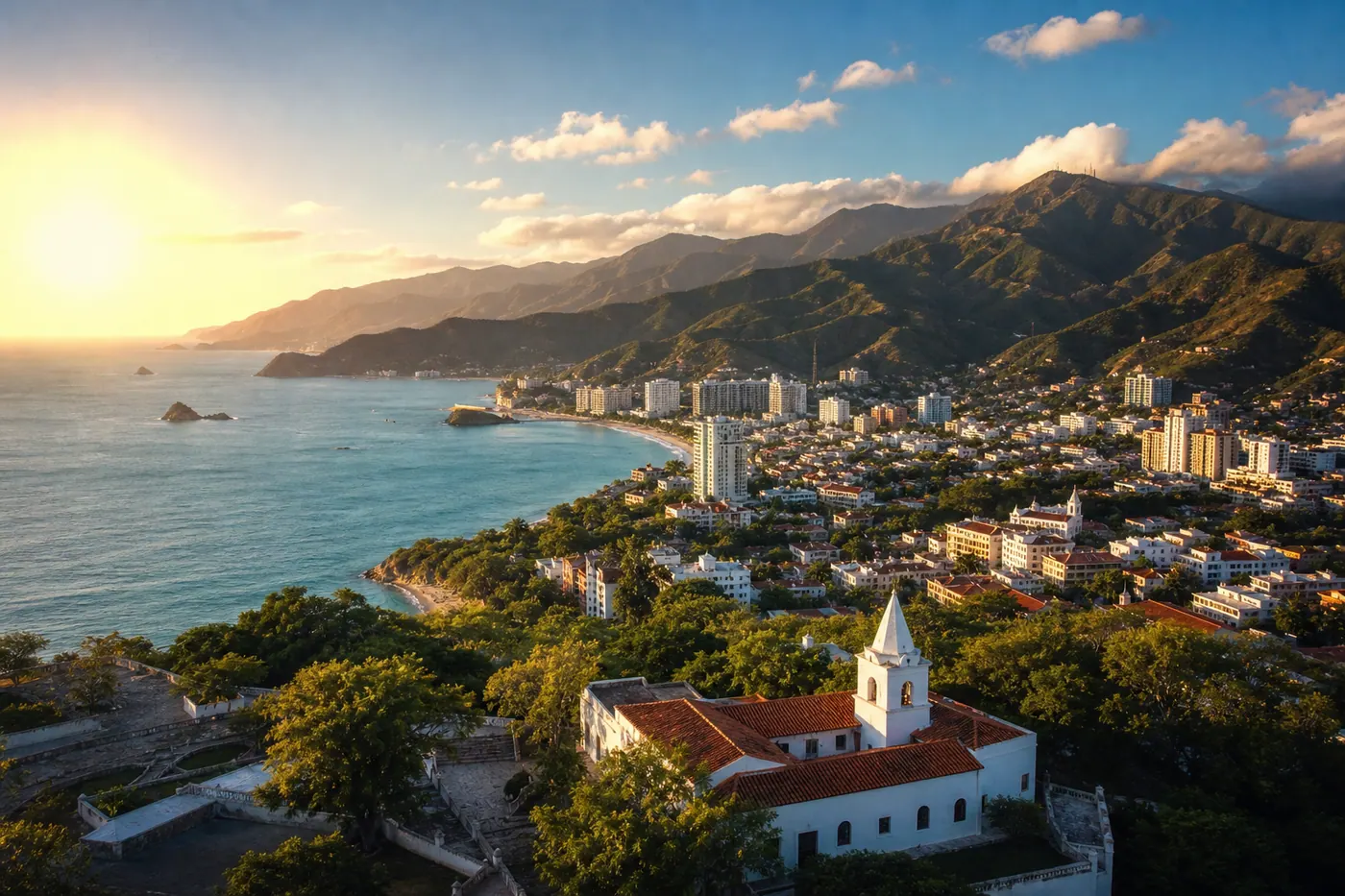 Aerial view of Santa Marta, Colombia showing turquoise Caribbean coast and Sierra Nevada mountains
