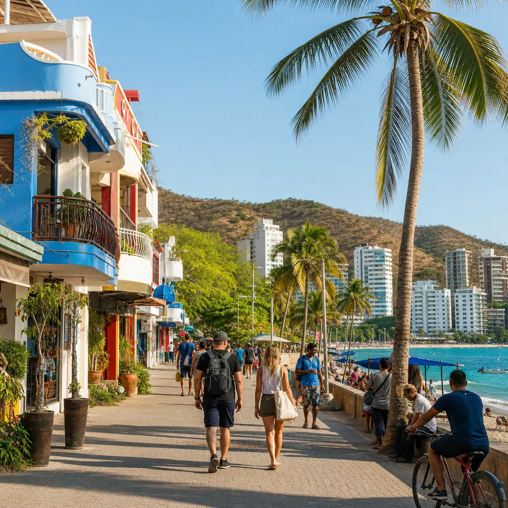 El Rodadero beachfront neighborhood in Santa Marta, Colombia with palm trees and Caribbean sea