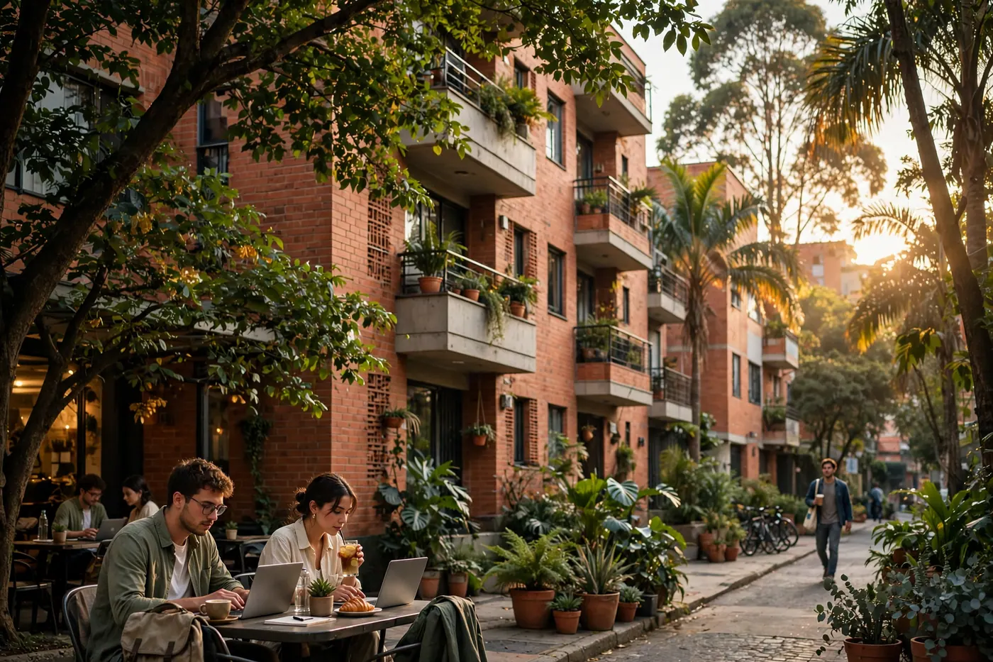 Sunlit outdoor cafe terrace along a tree-lined red-brick residential street with young adults working on laptops.