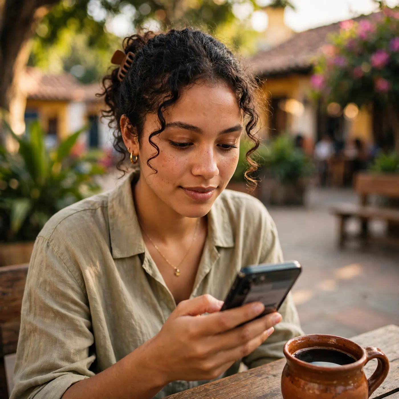 Young professional at an outdoor wooden table reviewing a smartphone beside a ceramic mug of black coffee, with leafy plaza greenery behind.