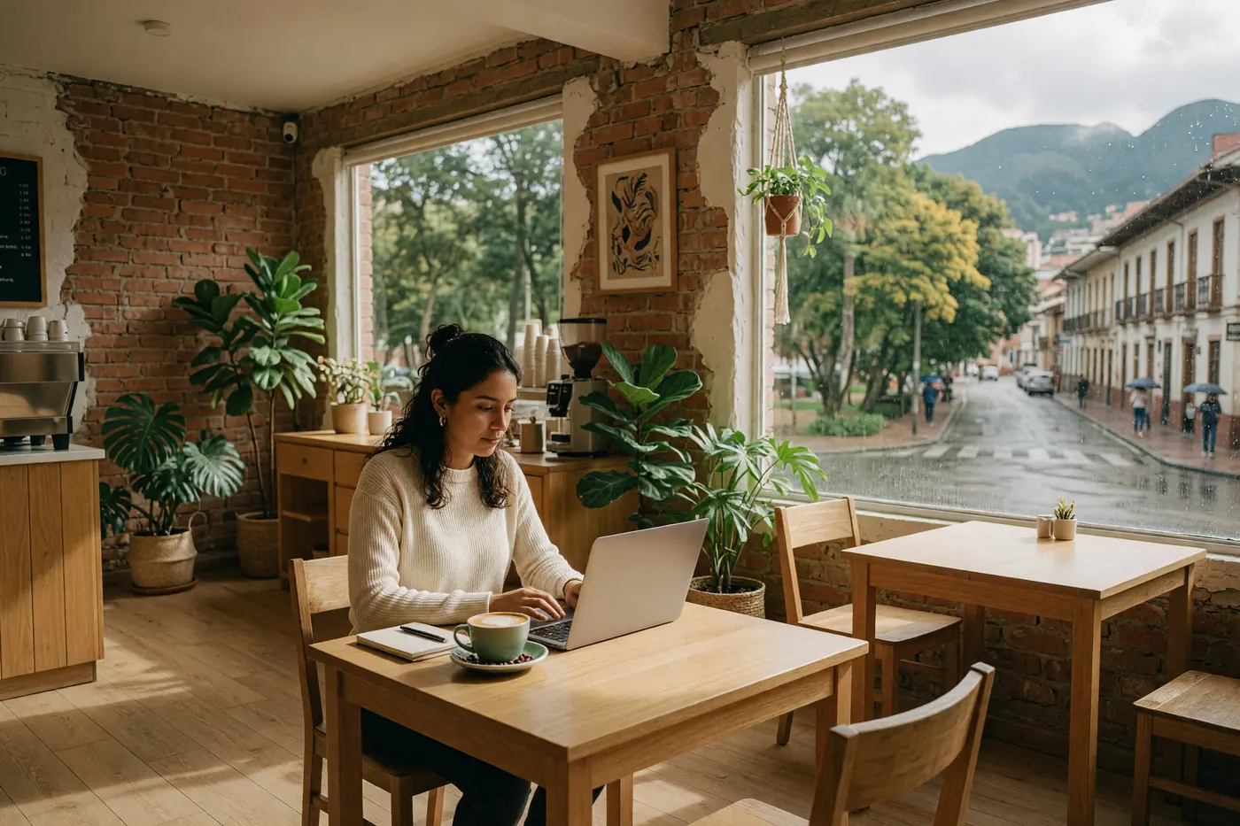 Professional working on a laptop at a wooden table in a brick-walled cafe with plants and a rainy street outside