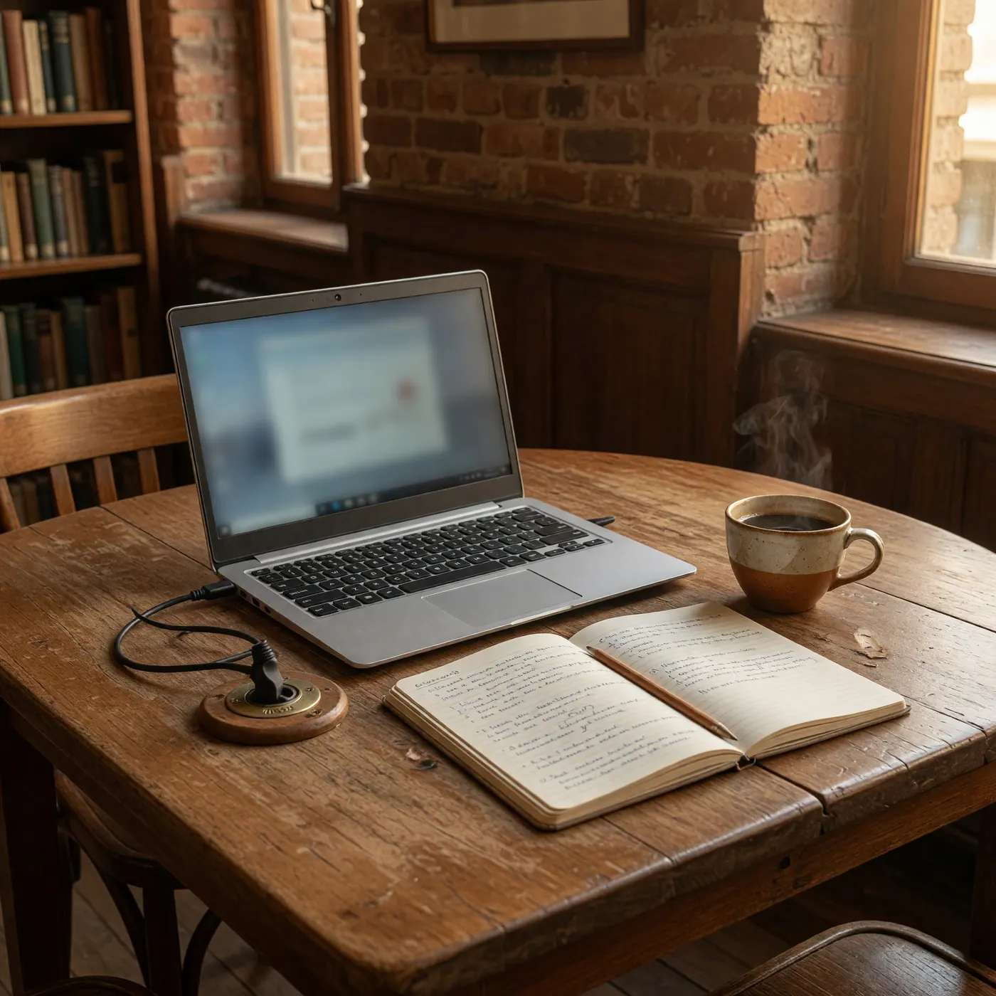 Laptop, handwritten notebook, power cord, and ceramic coffee cup on a wooden table