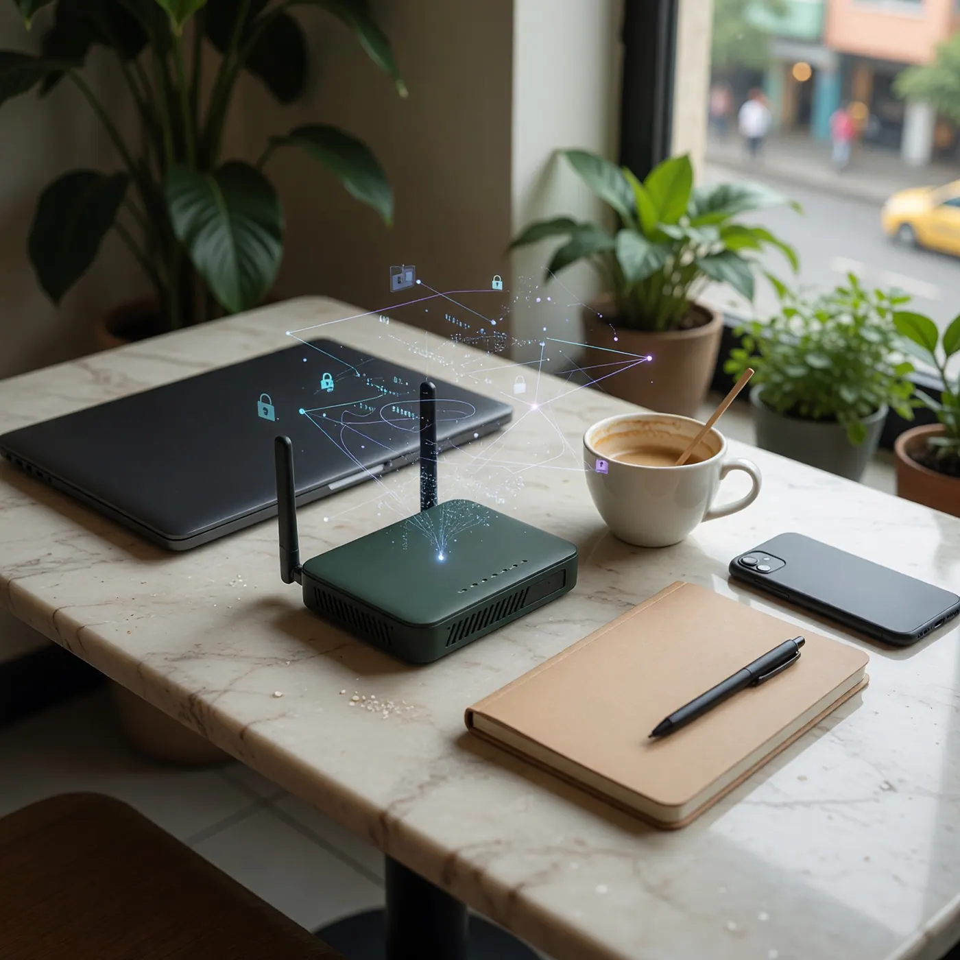 Travel router, phone and laptop on a cafe table showing secure public WiFi habits in Colombia