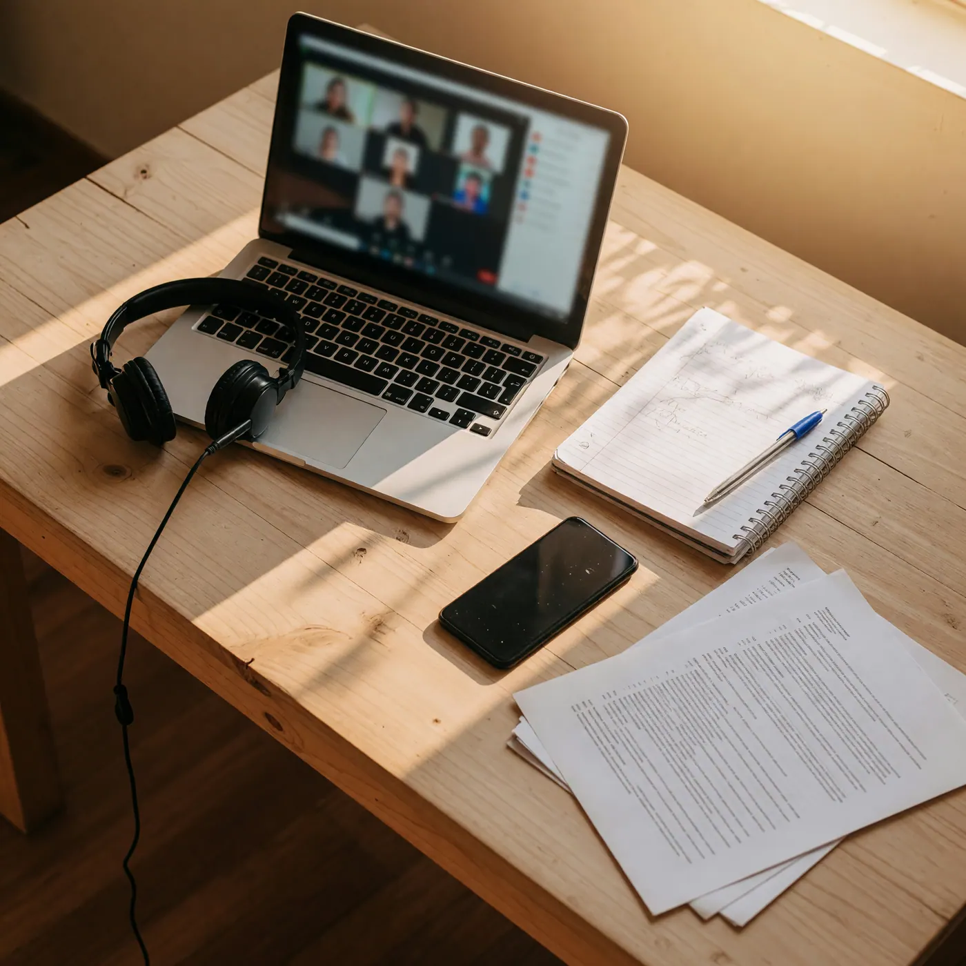 Simple desk with a laptop, over-ear headset, notebook and printed CV sheets arranged for an online English screening