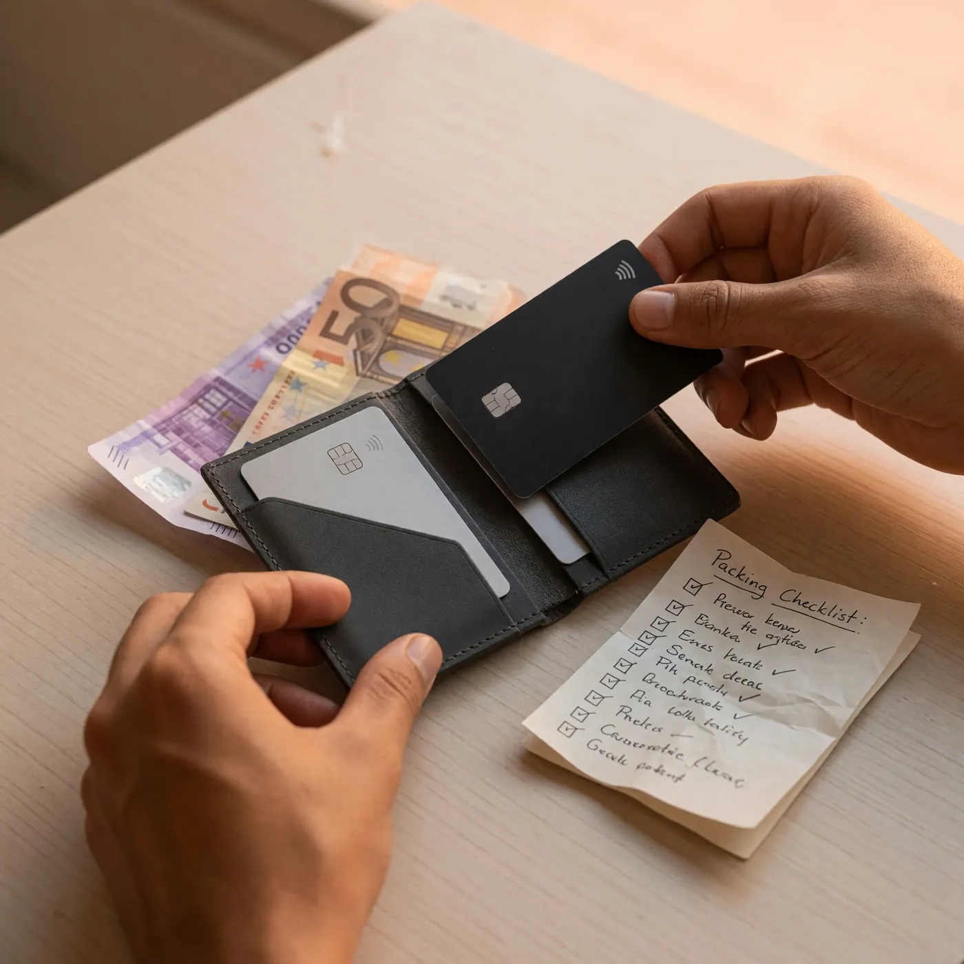 Manos organizando billetera delgada con tarjetas genéricas contactless y billetes de euro junto a lista de empaque