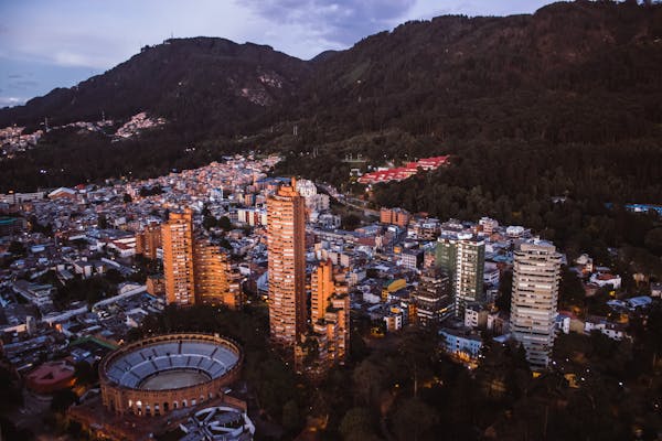 View of Bogotá with the Andes mountains at dusk