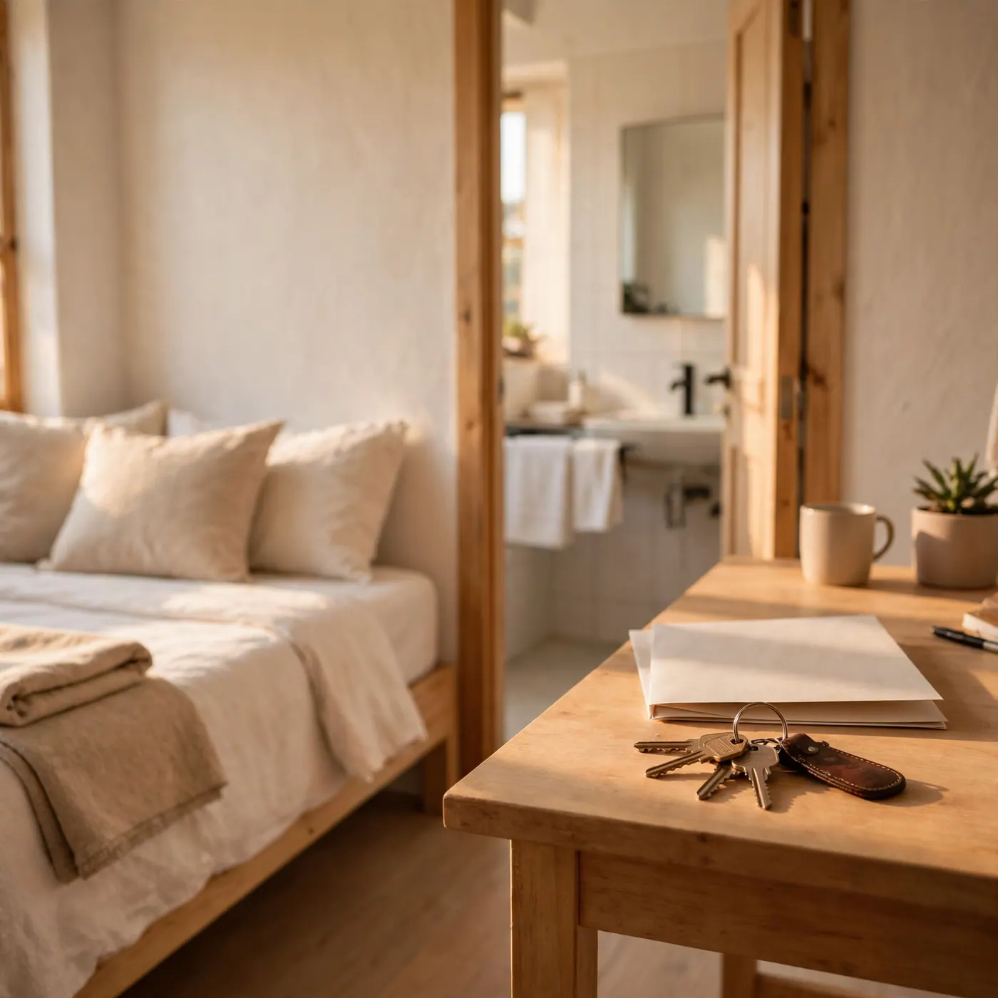 Furnished single bedroom with a bed, desk, keys and a face-down paper agreement, with a shared bathroom door nearby