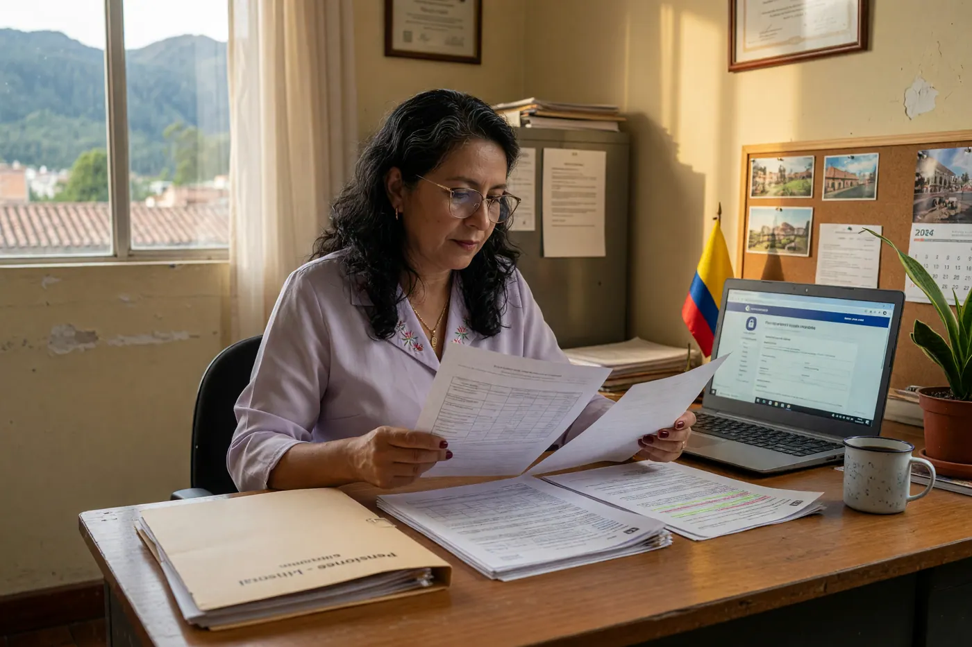 Mujer de unos cincuenta años con gafas revisa papeles en un escritorio junto a un portátil, una bandera de Colombia y una ventana con montañas