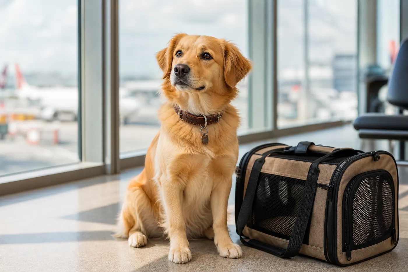 Dog sitting calmly inside an airport terminal with a travel pet carrier, ready for international travel to Colombia