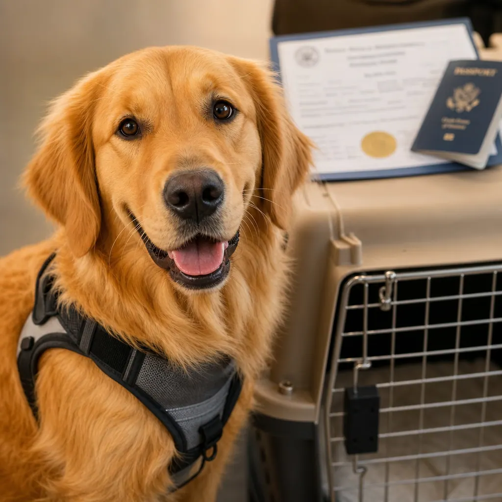 Dog with travel carrier and veterinary documents ready for international flight to Colombia