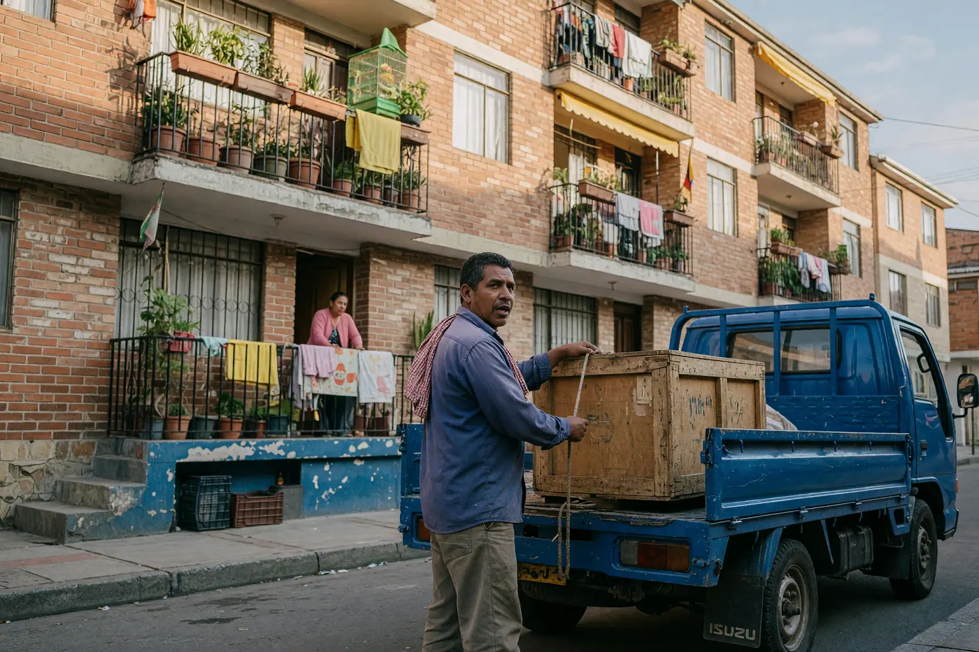 Wooden crate on a moving truck outside a red-brick Colombian apartment building
