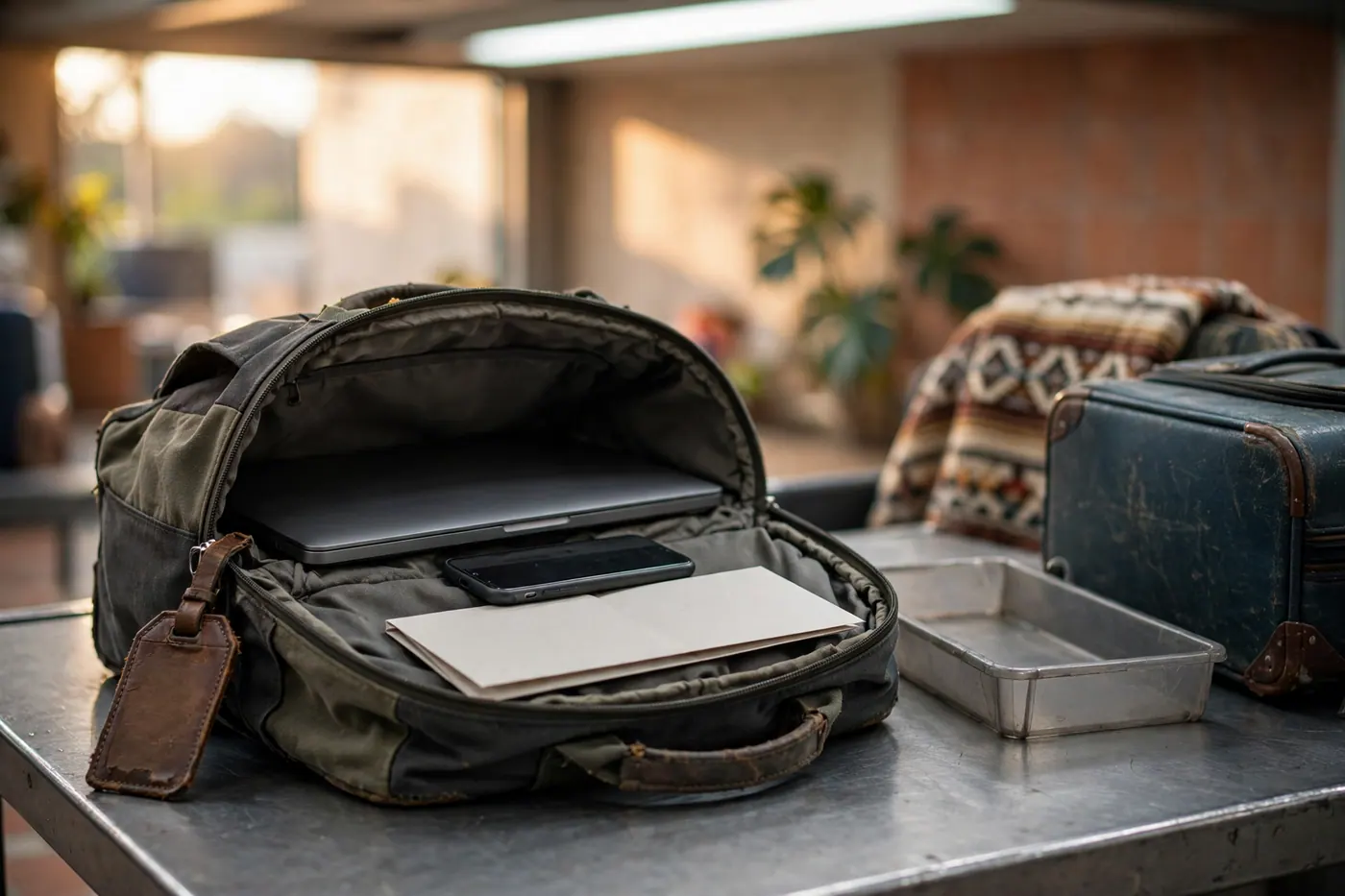 Open carry-on on an inspection table with a closed laptop, a face-down phone and a blank folded paper form