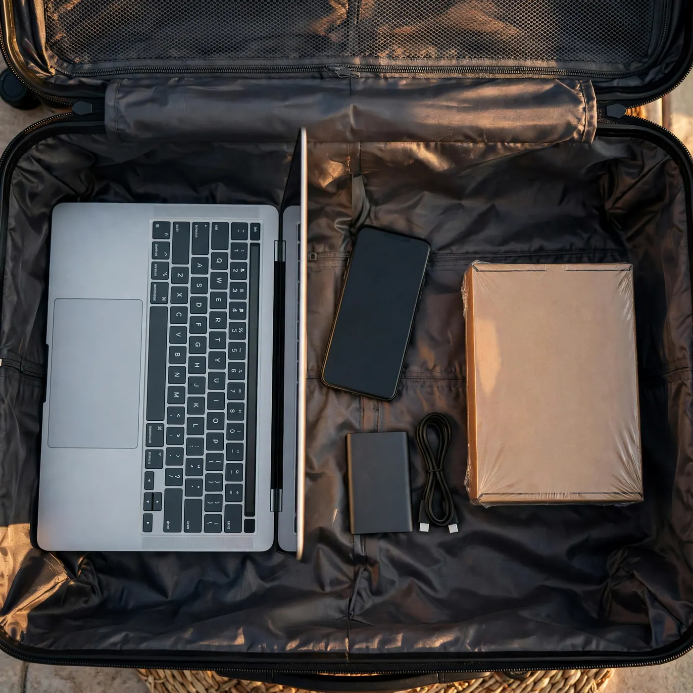 Overhead view of a laptop, phone and small drive set apart from a boxed accessory still in retail packaging