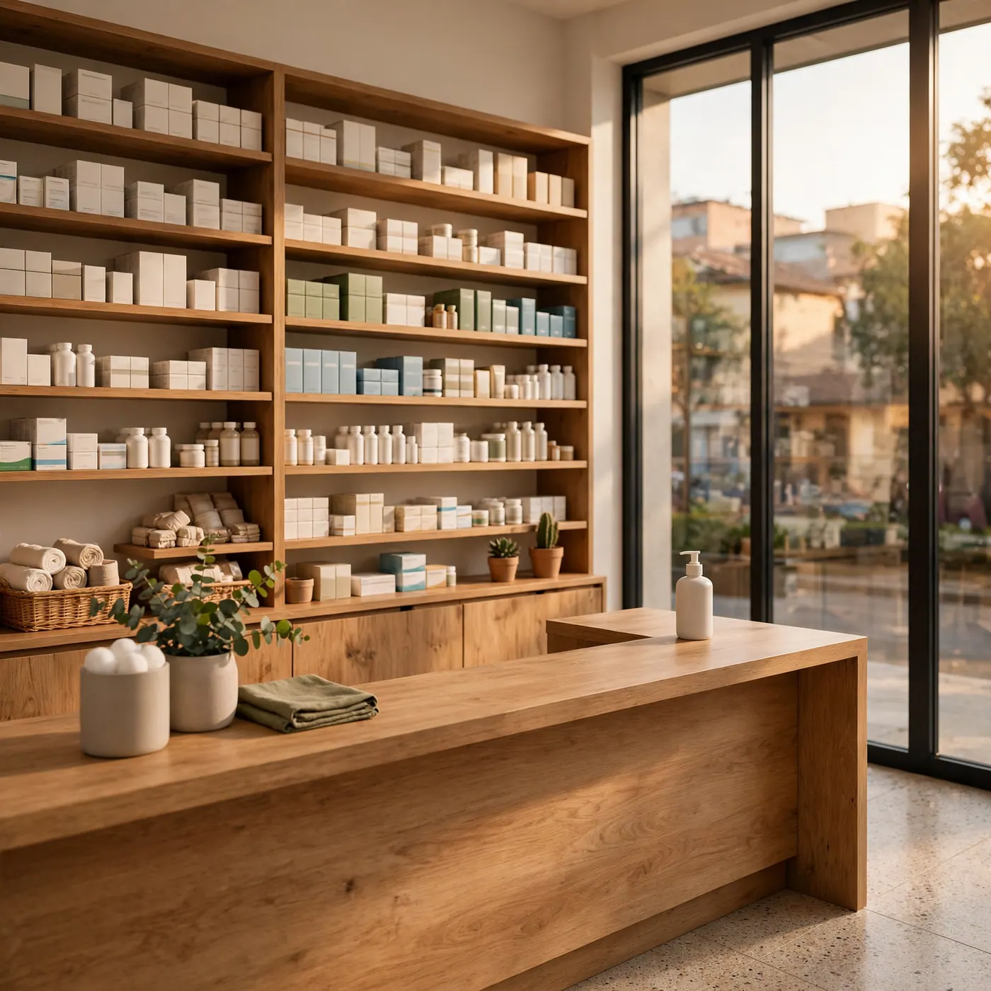 Interior of a modern Colombian pharmacy counter with prescription medication shelves