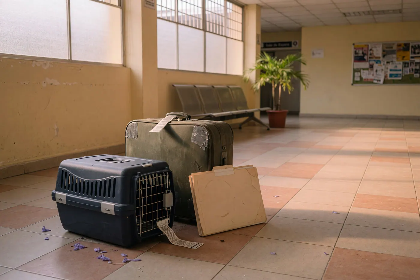 Hard-sided pet carrier, suitcase, and manila folder on a tiled waiting-area floor