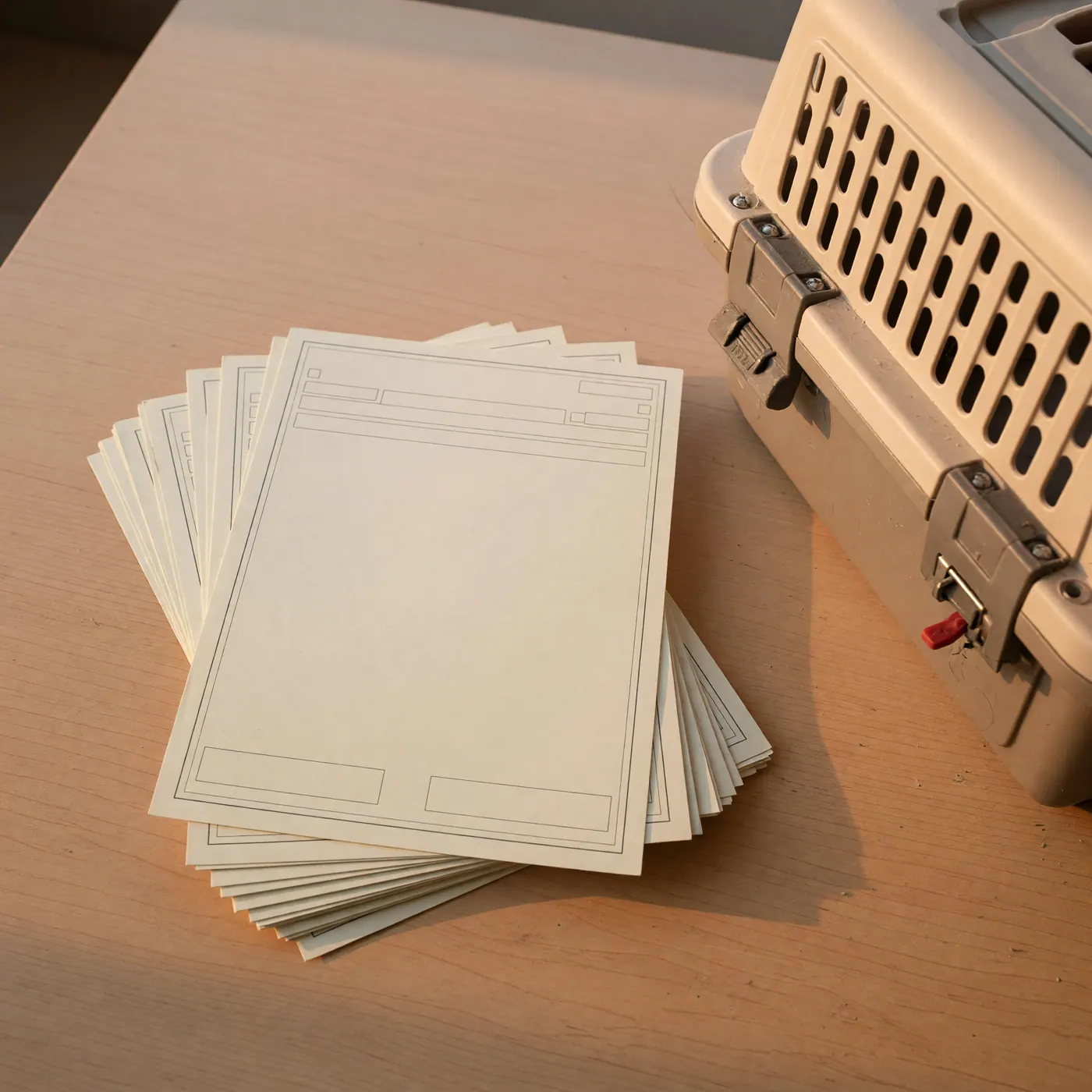 Blank paper forms stacked beside a pet-carrier latch and ventilation grille on a table