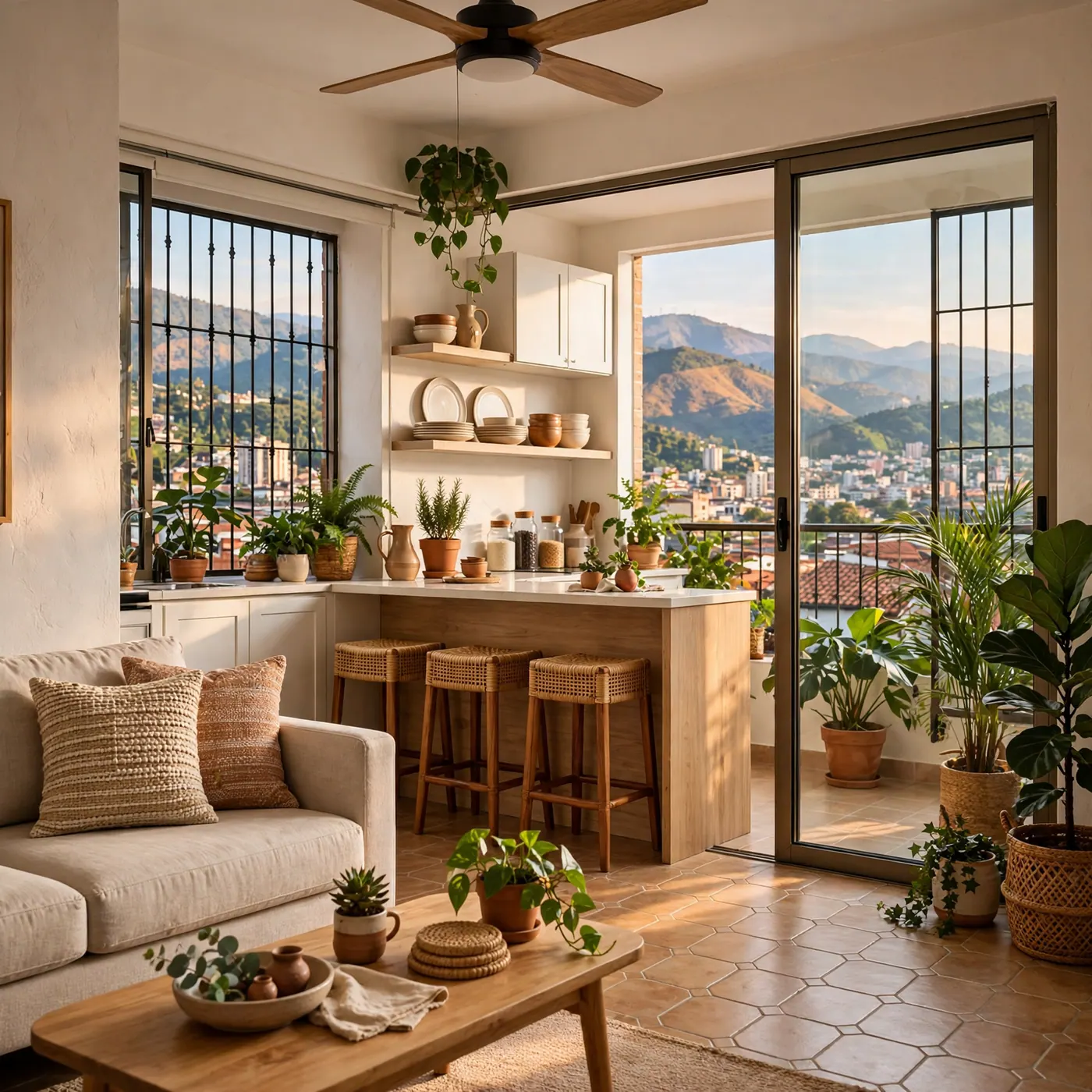 Interior view of a furnished open-concept apartment living room with balcony in Bucaramanga