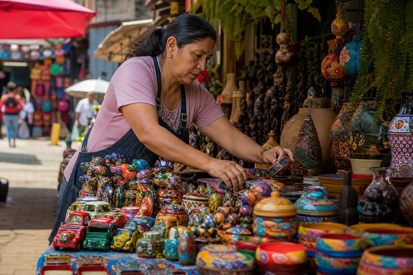 Colombian seller arranging items at a colorful market stall in Medellín