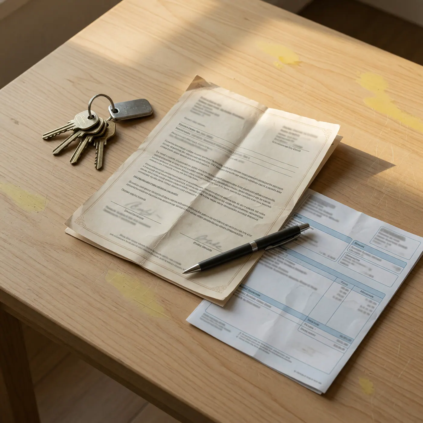 Contrato de arrendamiento de vivienda con llaves sobre mesa de madera