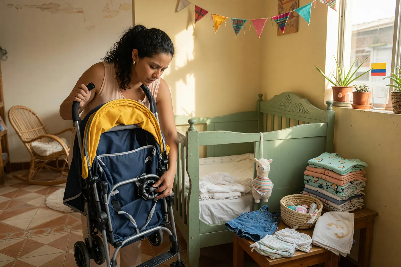 Parent inspecting a folded baby stroller beside a wooden crib and folded children's clothes in a bright Colombian apartment