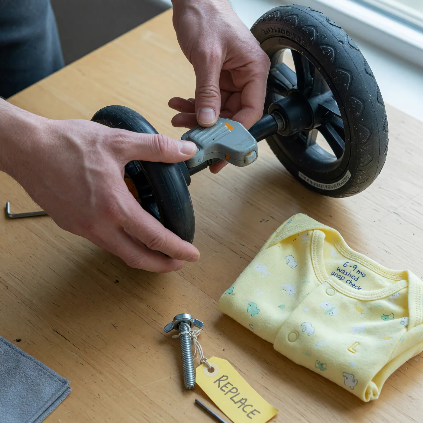 Hands checking a used baby stroller wheel and brake next to crib hardware and a labeled folded baby onesie on a table