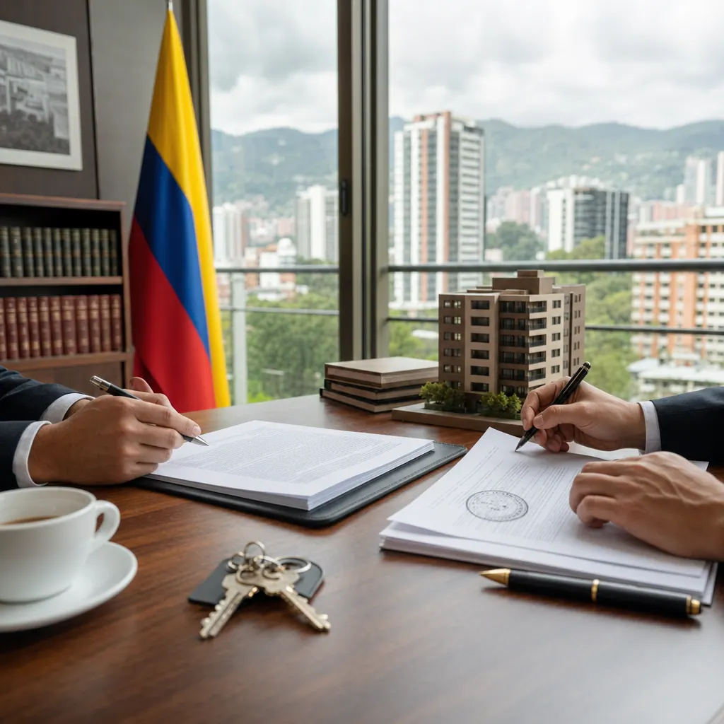 Real estate closing desk in Colombia with keys, documents, and city apartment view
