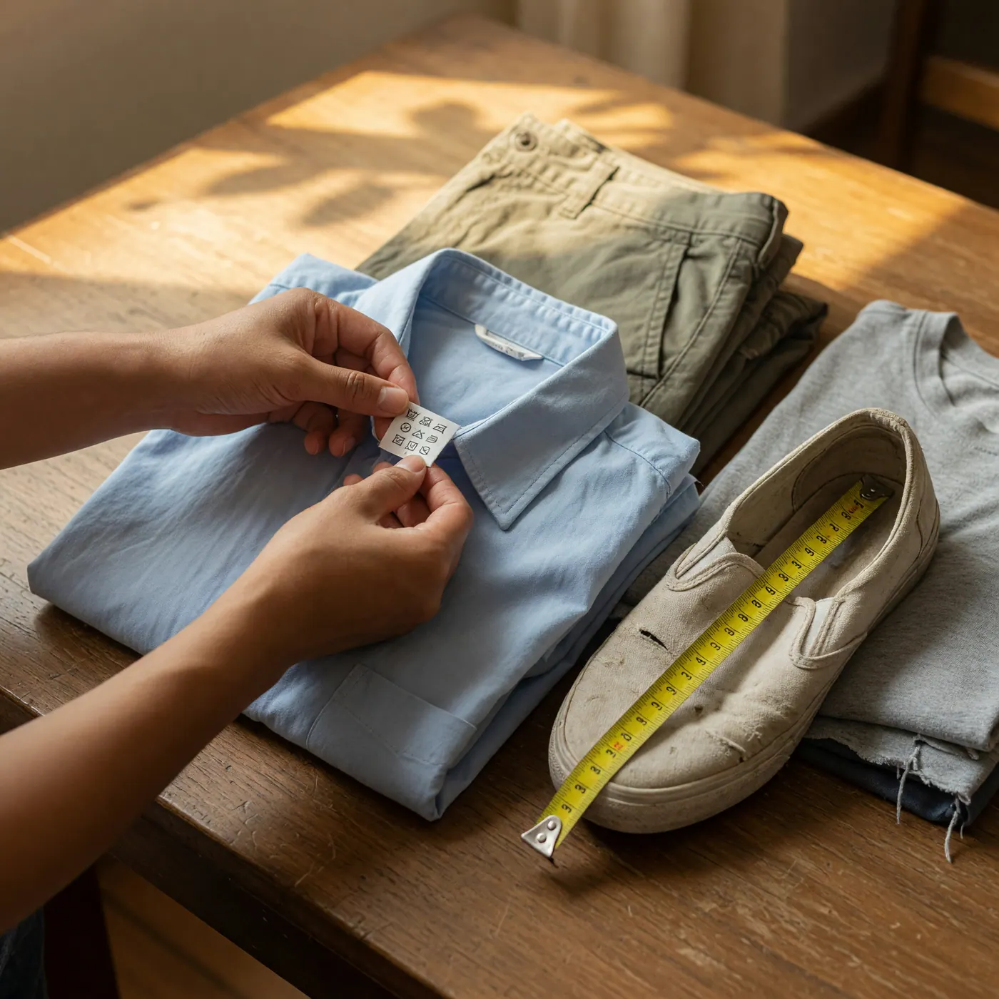 Hands checking a clothing care tag with a tape measure across a used sneaker insole next to folded used clothes