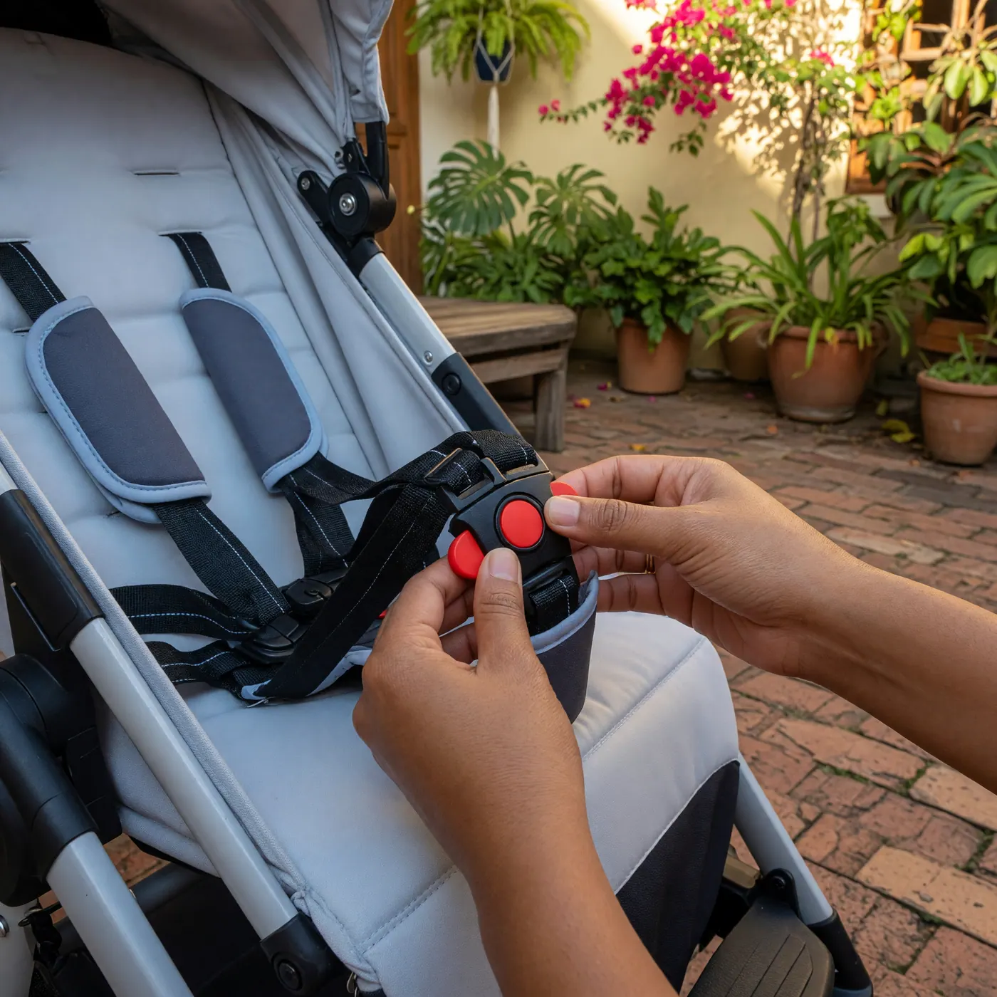 Close-up of hands inspecting the safety harness buckle of a baby stroller on a brick patio