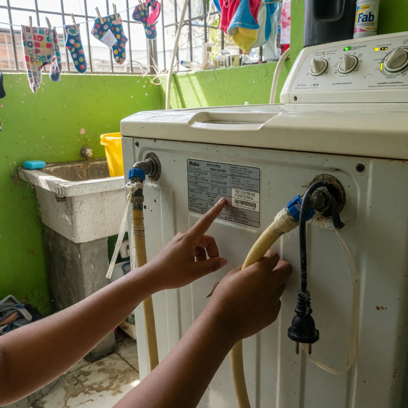 Hands checking the rating plate, hose, and lit control panel on a used washing machine in a Colombian apartment