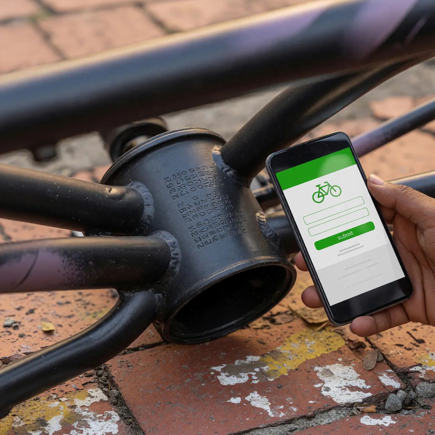 A person inspecting the engraved serial number under a bicycle frame while holding a smartphone