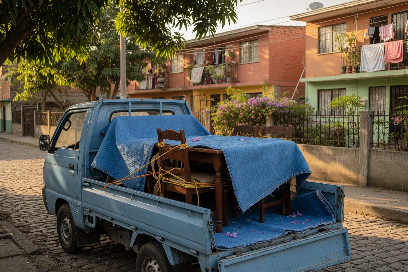A small LUV truck parked on a Colombian cobblestone street with a wooden dining table secured in the back, wrapped in protective moving blankets under warm afternoon sunlight