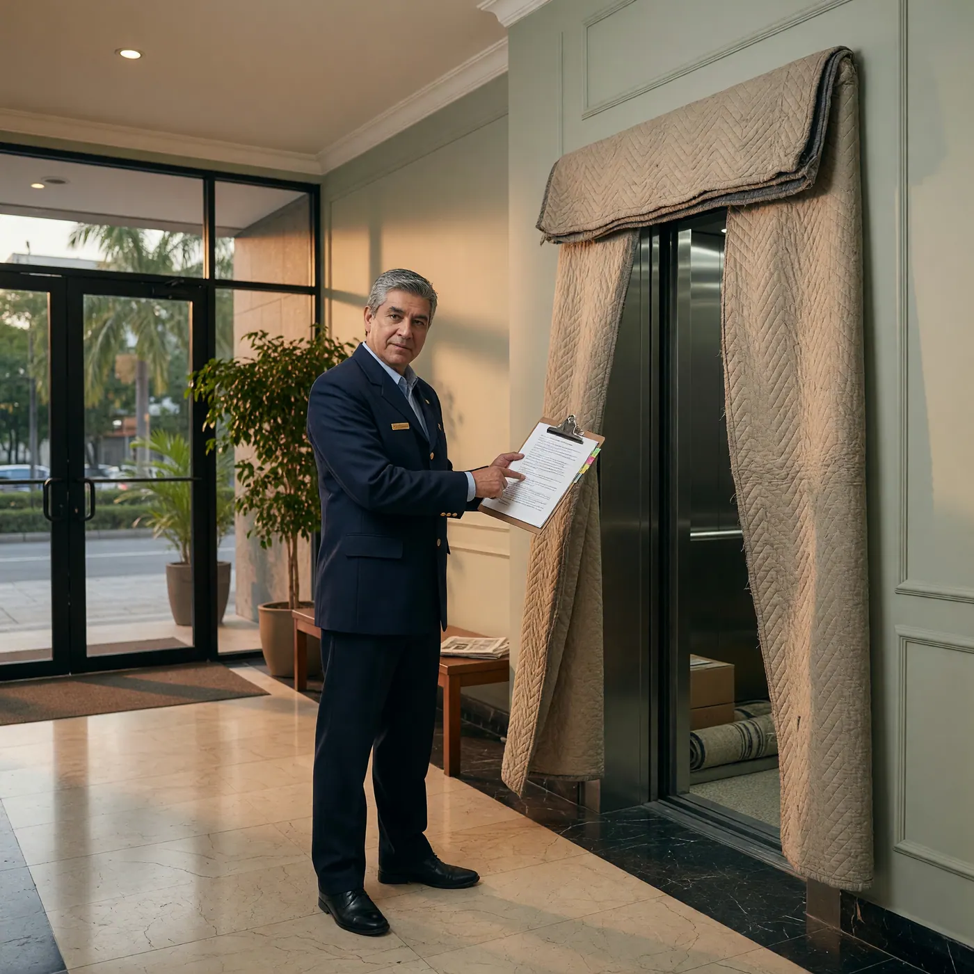 A building portero in uniform standing at a Colombian apartment lobby entrance, pointing to building rules on a clipboard while a cotton moving blanket hangs over the open elevator door in the background