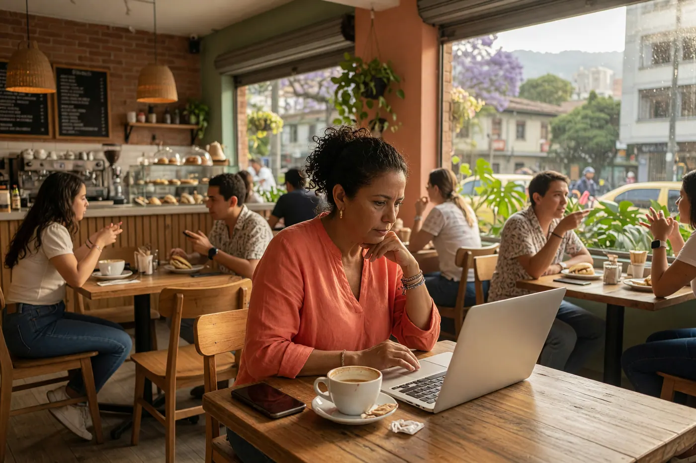 A buyer testing a secondhand laptop at a cafe table in Medellin, Colombia