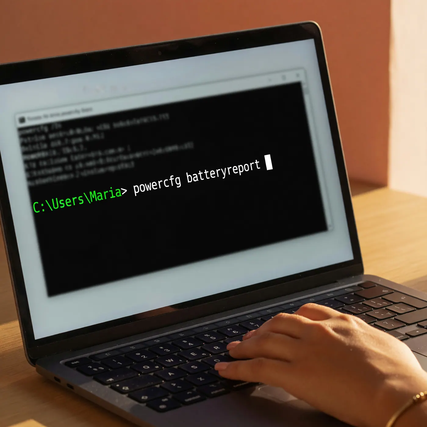 A laptop screen showing a terminal window with a battery report command, with a hand resting on the keyboard.
