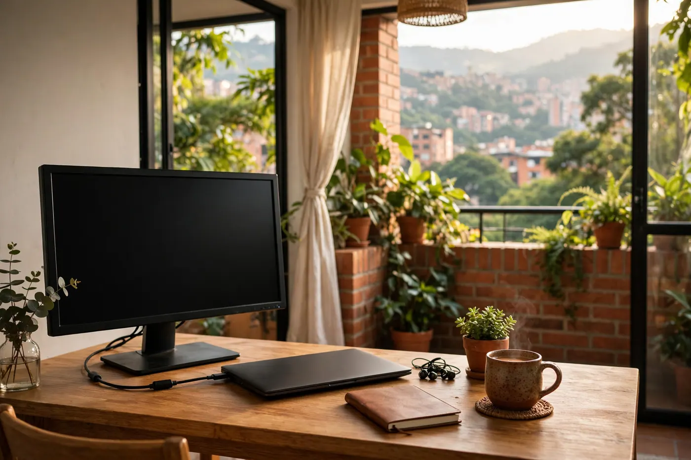 Ergonomic home office workstation in Colombia with an external monitor, laptop, and notebook on a wooden desk near a window.