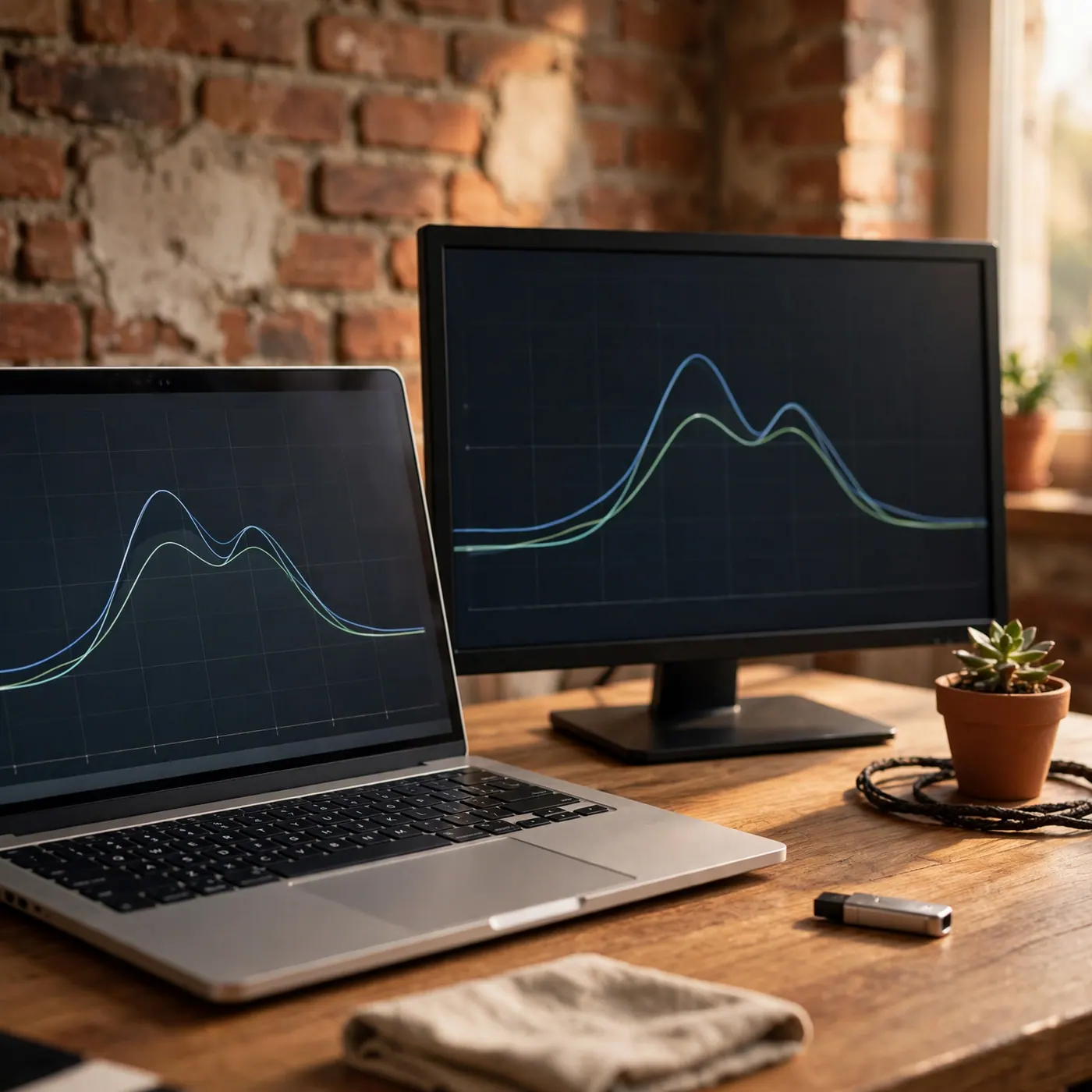 Close-up of a laptop and external screen being tested on a desk during a workstation setup in Colombia.