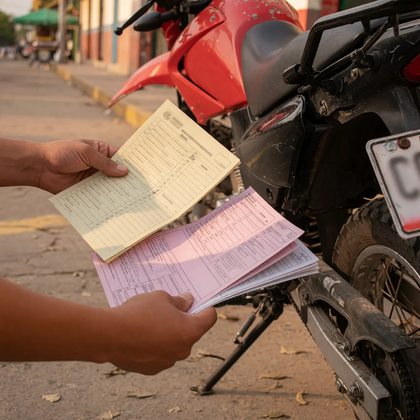 Hands holding a motorcycle inspection checklist and ownership papers beside a used red motorcycle, with the frame and rear plate area visible and documents kept generic