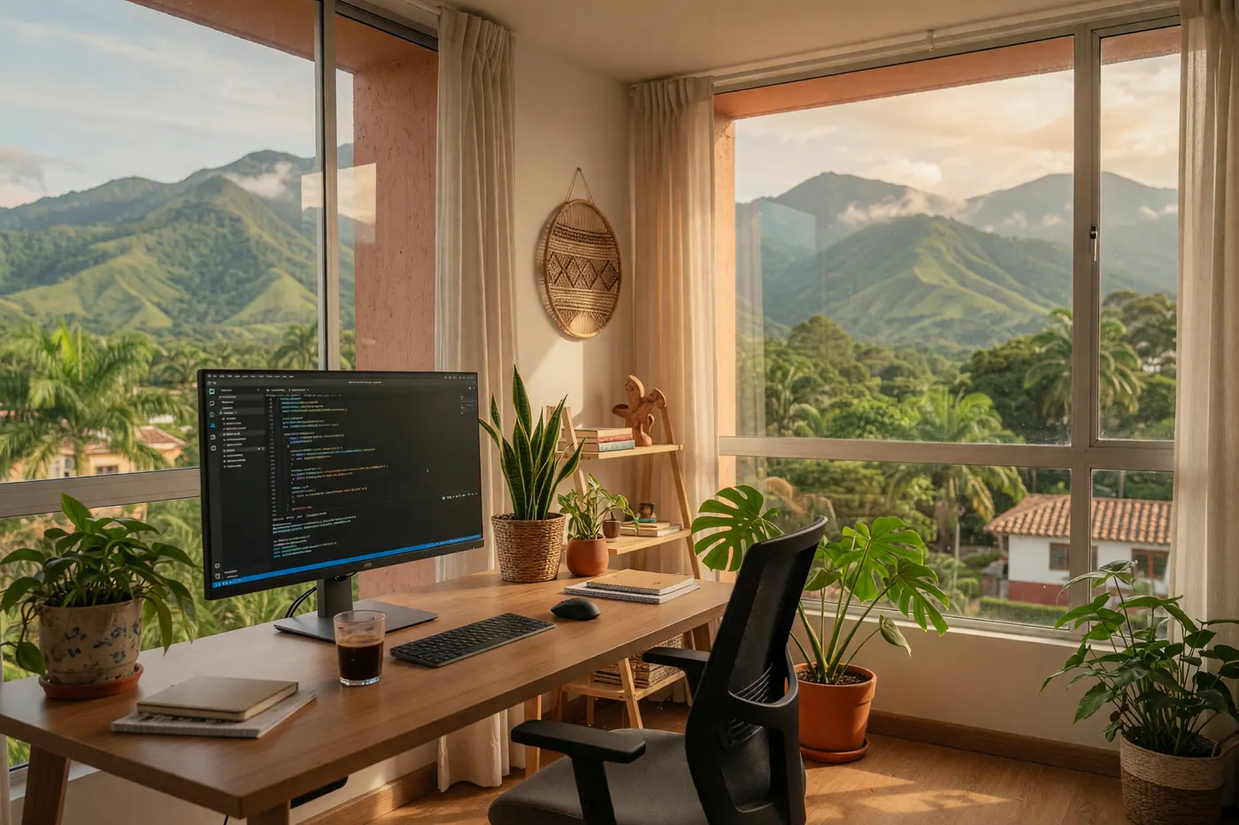 External monitor and ergonomic mesh chair in a sunlit apartment home office