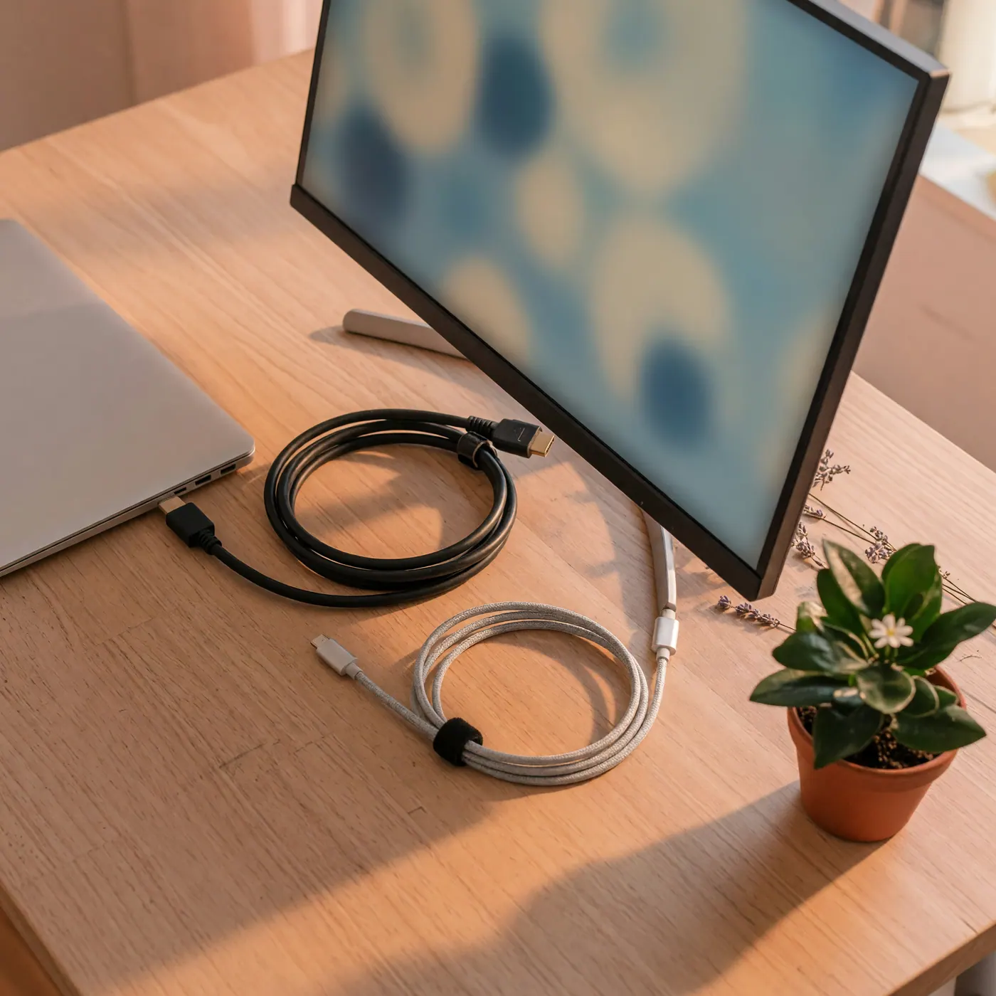 External monitor beside a laptop with HDMI and USB-C cables on a wooden desk