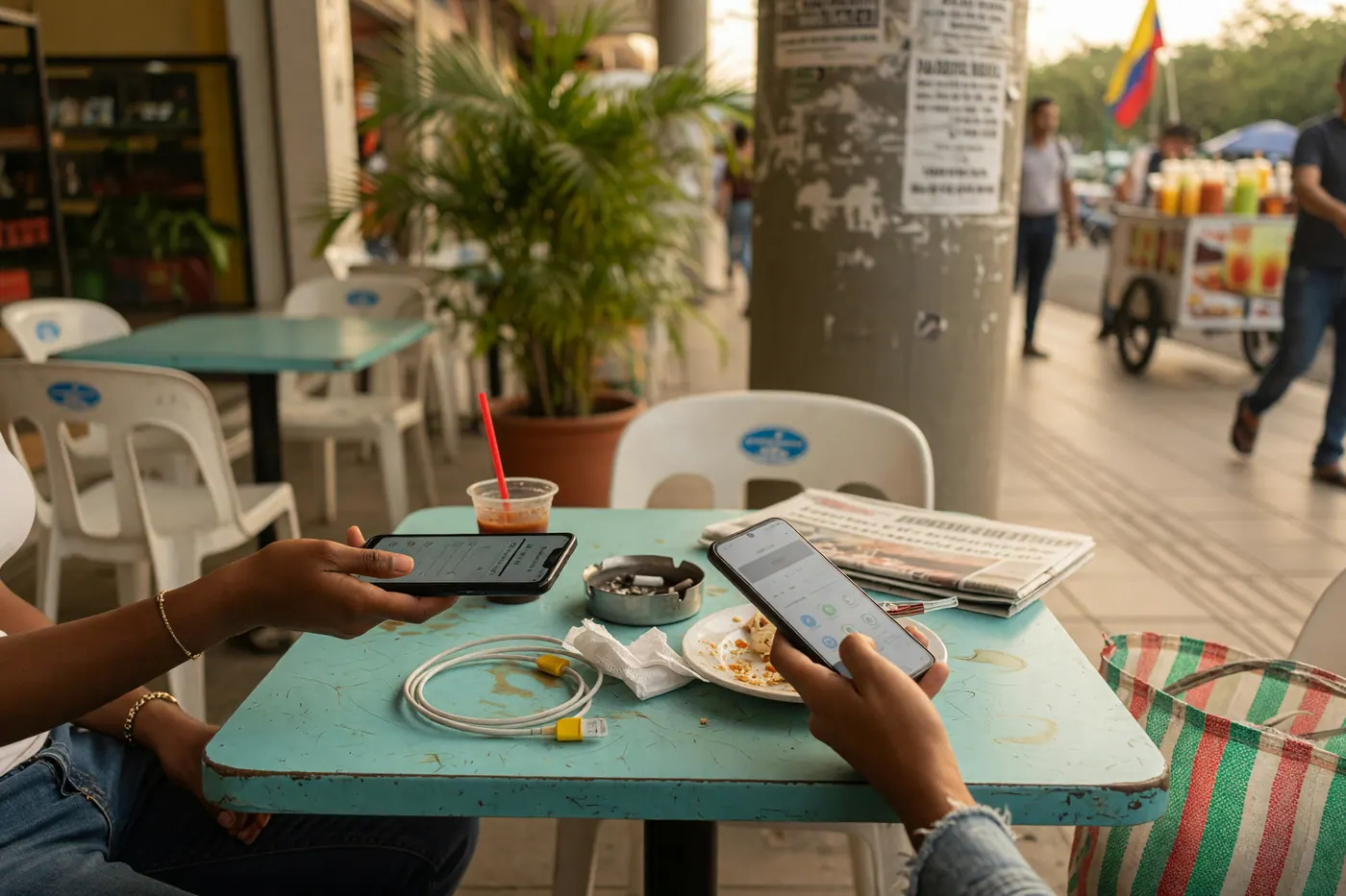 Used smartphone being inspected at a Colombian cafe table with charger cable for a secondhand phone purchase check