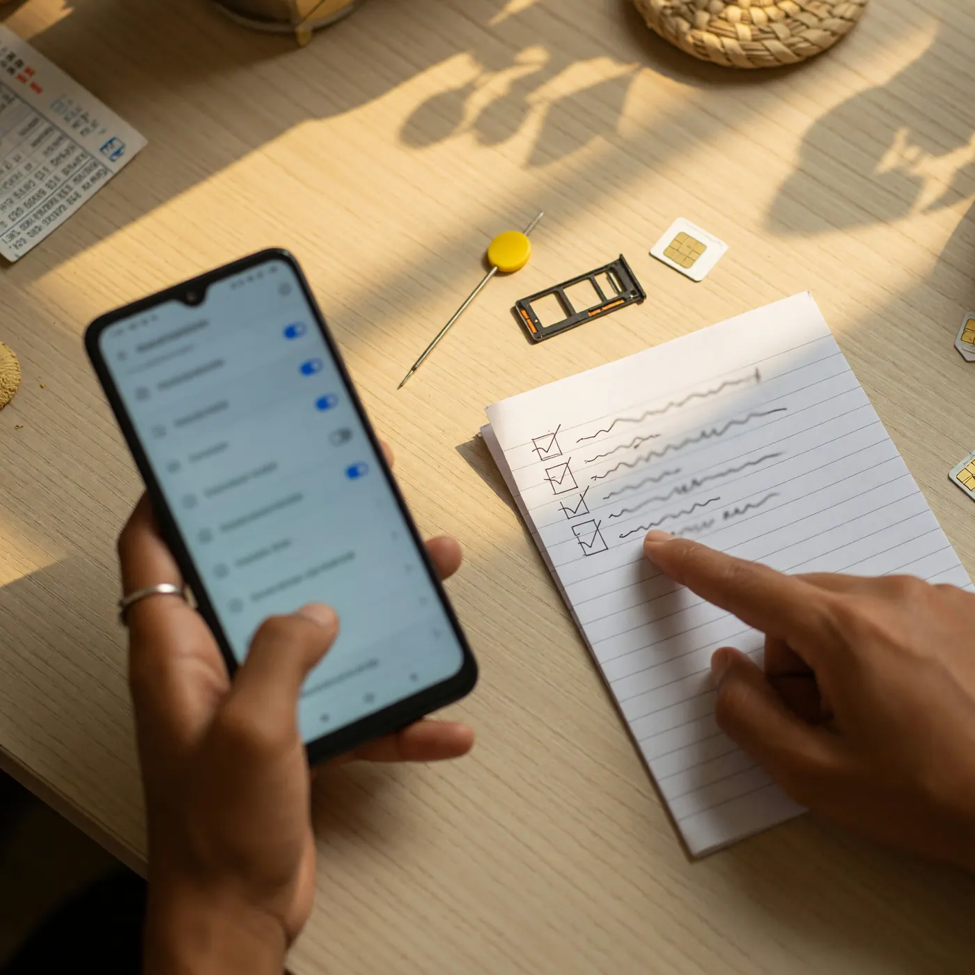 Hands comparing a smartphone settings screen with a handwritten checklist and SIM tray tool on a table