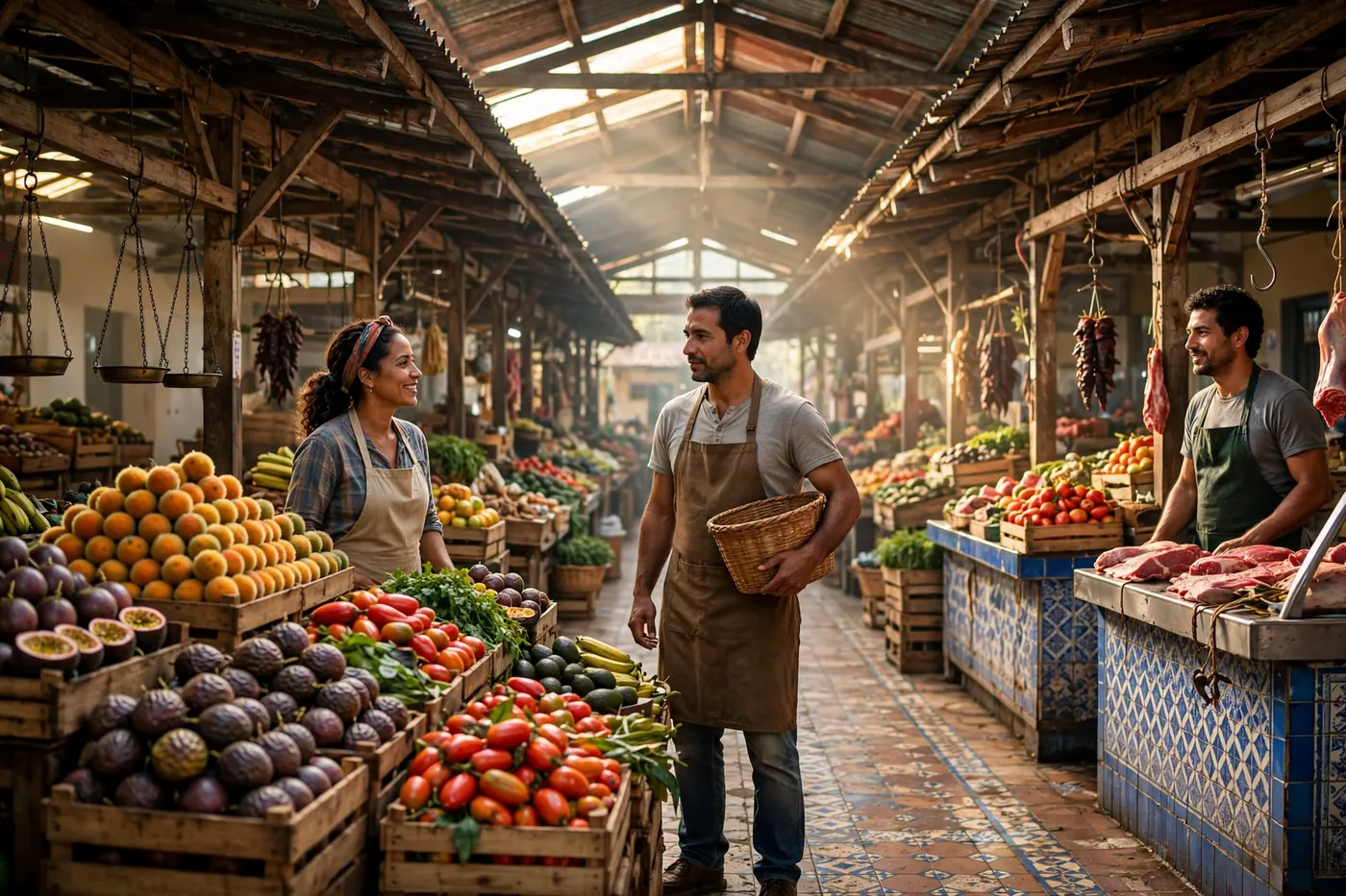 Covered Colombian market aisle with wooden fruit crates, hanging scales, a tiled butcher counter, and three people with complete faces in morning light